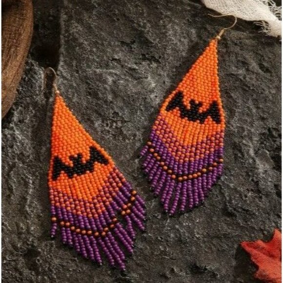 Halloween Handmade Bead Bat Pattern Dangle Earrings - Picture 4 of 5